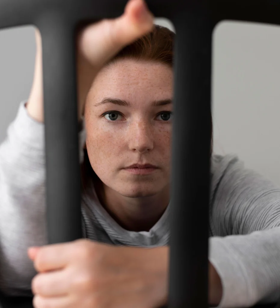 Mulher está apoiada na base de uma cadeira e segura com as mãos no encosto. A imagem lembra uma posição de prisão com grade. Tudo isso para ilustrar a síndrome do impostor que ela sente