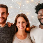 Cinco pessoas estão lado a lado. São três mulheres e dois homens. Isso reflete a importância das conexões humanas para a saúde mental