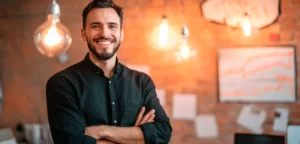 Homem de camisa escura, barba, está de braços cruzados, mostrando a força da sua transição para o empreendedorismo